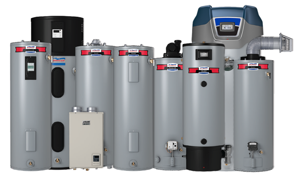 A group of water heaters lined up in front of a green background.